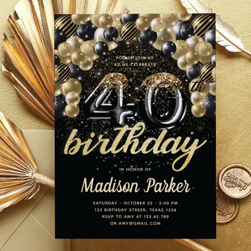 Luxury 40th Birthday Black Gold Balloon Glitter Invitation