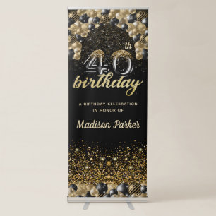 Luxury 40th Birthday Black Gold Balloon Retractable Banner