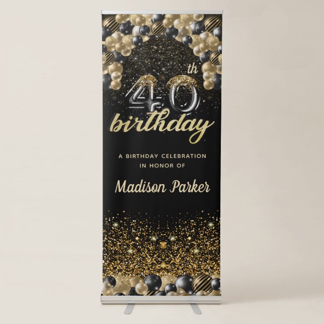 Luxury 40th Birthday Black Gold Balloon Retractable Banner (Front)