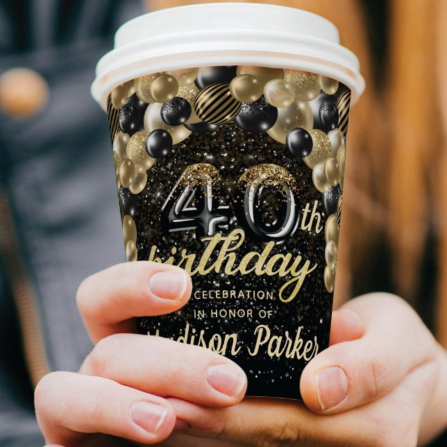 Luxury 40th Birthday Black Gold Personalized Paper Cups (Creator Uploaded)
