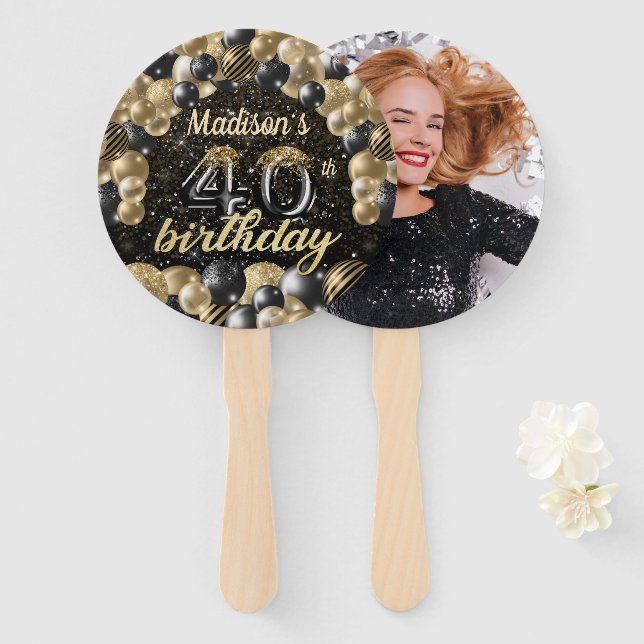 Luxury 40th Birthday Black Gold Photo  Hand Fan (Front and Back)