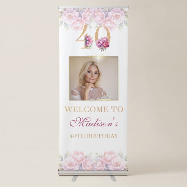 Luxury 40th Birthday Floral Pink Gold Welcome Retractable Banner (Front)