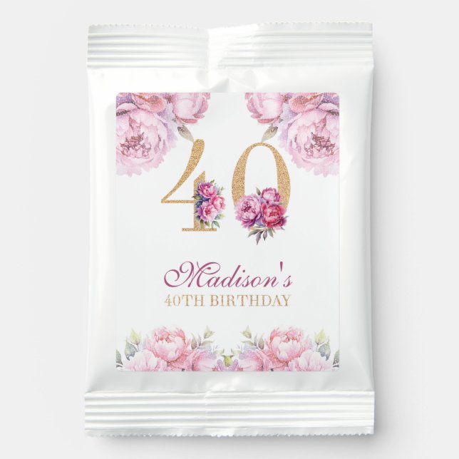 Luxury 40th Birthday Peonies &Glitter Custom Margarita Drink Mix (Front)