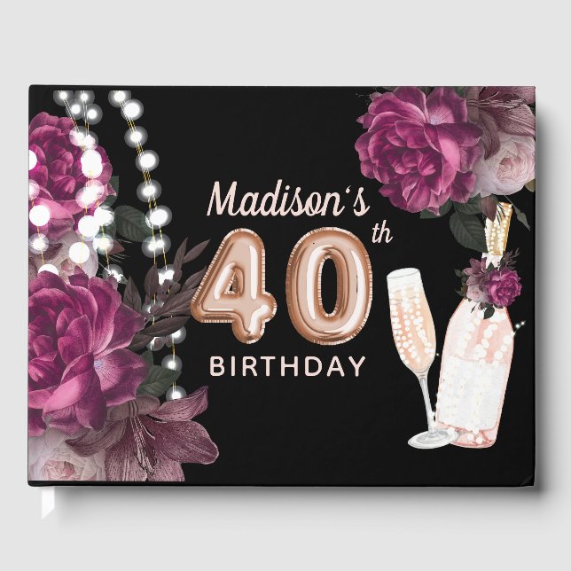 Luxury 40th Birthday Personalized Rose Wine Guest Book (Front)