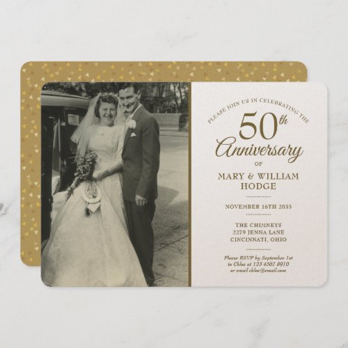 Luxury 50th Anniversary Gold Heart Confetti Photo Invitation