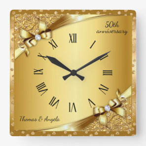Luxury 50th Anniversary Metallic Gold and Diamond  Square Wall Clock
