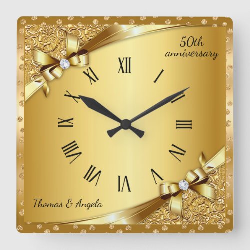 Luxury 50th Anniversary Metallic Gold and Diamond  Square Wall Clock