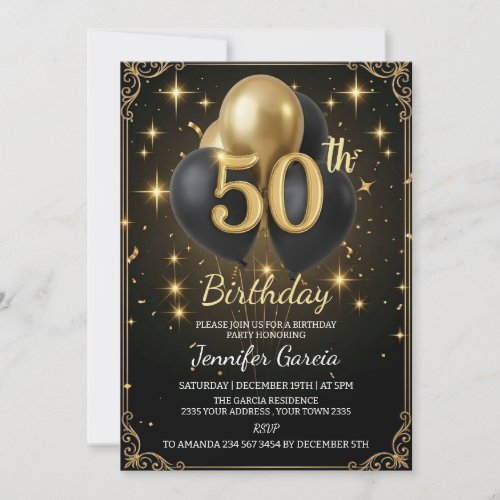 Luxury 50th Birthday Black Gold Balloon Glitter