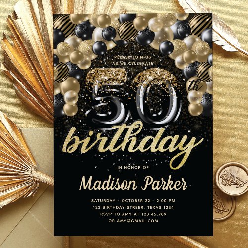 Luxury 50th Birthday Black Gold Balloon Glitter Invitation