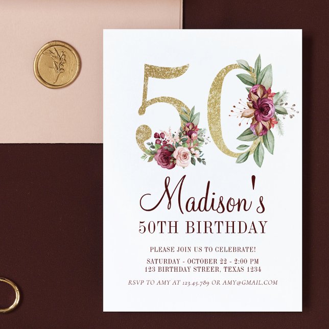 Luxury 50th Birthday Burgundy Gold Floral Invitation (Creator Uploaded)