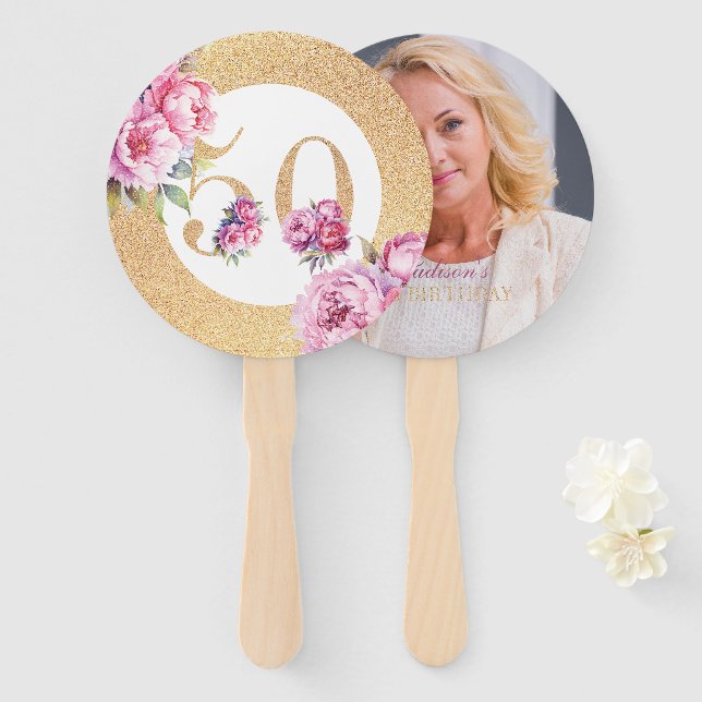 Luxury 50th Birthday Custom Photo Glitter Hand Fan (Front and Back)