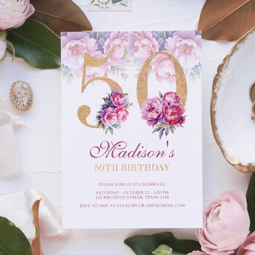 Luxury 50th Birthday Floral Pink Gold Glitter Invitation