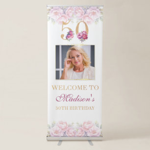 Luxury 50th Birthday Floral Pink Gold Welcome Retractable Banner