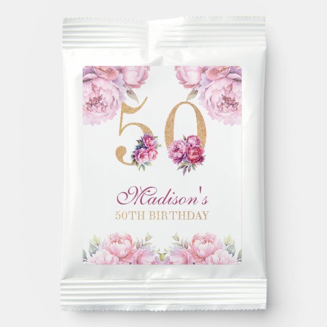 Luxury 50th Birthday Peonies &Glitter Custom Margarita Drink Mix (Front)