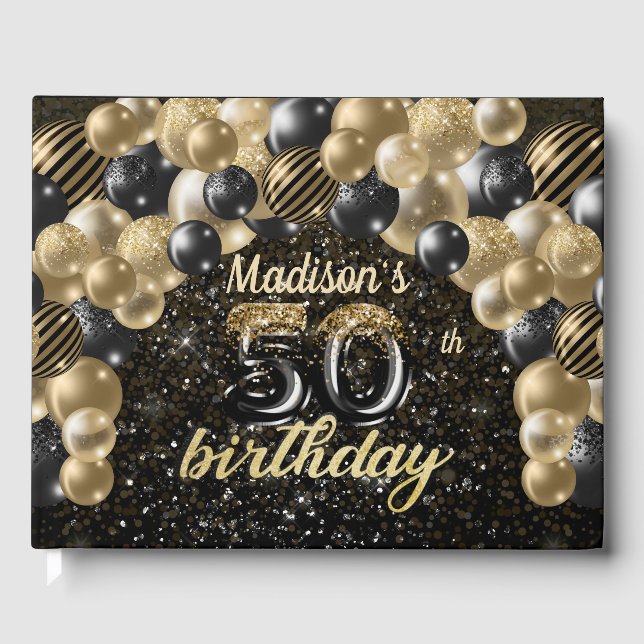 Luxury 50th Birthday Personalized Black Gold Guest Book (Front)