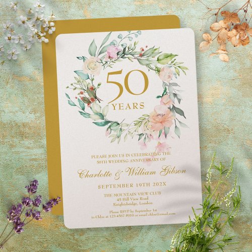 Luxury 50th Golden Wedding Anniversary Floral Invitation
