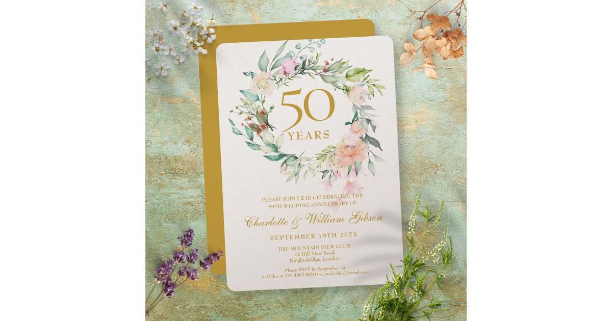 Luxury 50th Golden Wedding Anniversary Floral Invitation | Zazzle