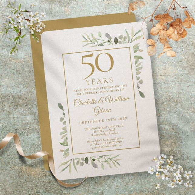 Luxury 50th Golden Wedding Anniversary Greenery Invitation (Luxury 50th Golden Wedding Anniversary Greenery Invitation)