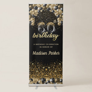 Luxury 60th Birthday Black Gold Balloon Retractable Banner