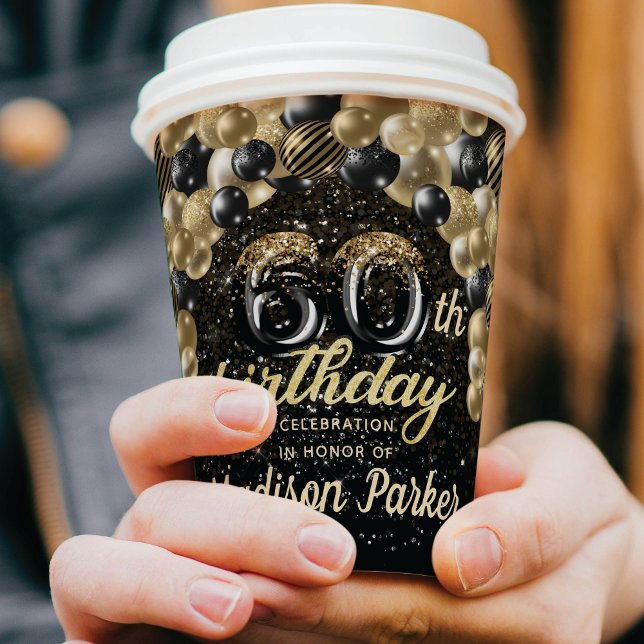 Luxury 60th Birthday Black Gold Personalized Paper Paper Cups (Creator Uploaded)