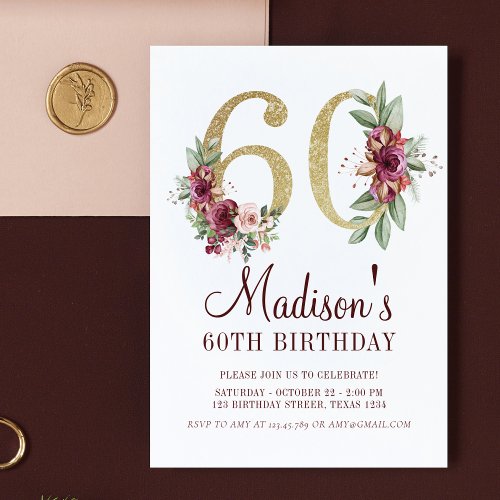 Luxury 60th Birthday Burgundy Gold Floral Invitation