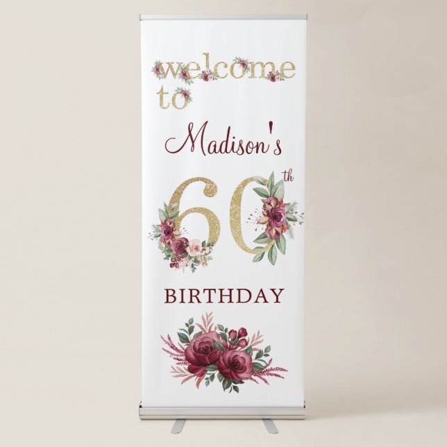 Luxury 60th Birthday Burgundy Gold Welcome Retractable Banner (Front)