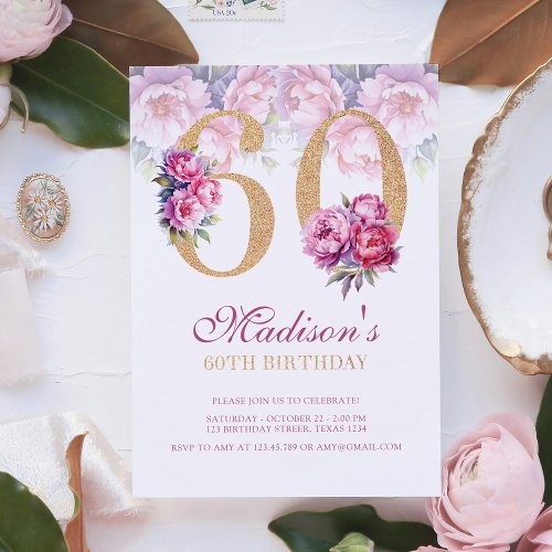 Luxury 60th Birthday Floral Pink Gold Glitter Invitation