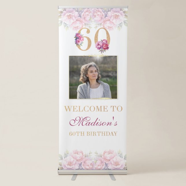 Luxury 60th Birthday Floral Pink Gold Welcome Retractable Banner (Front)