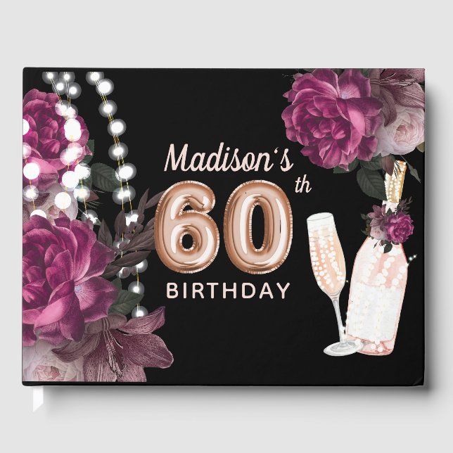 Luxury 60th Birthday Personalized Rose Wine Guest Book (Front)