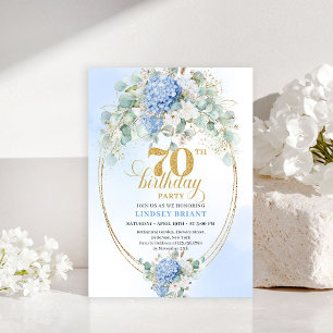 Luxury 70th Birthday Blue Floral Watercolor Invite