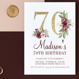 Luxury 70th Birthday Burgundy Gold Floral Invitation