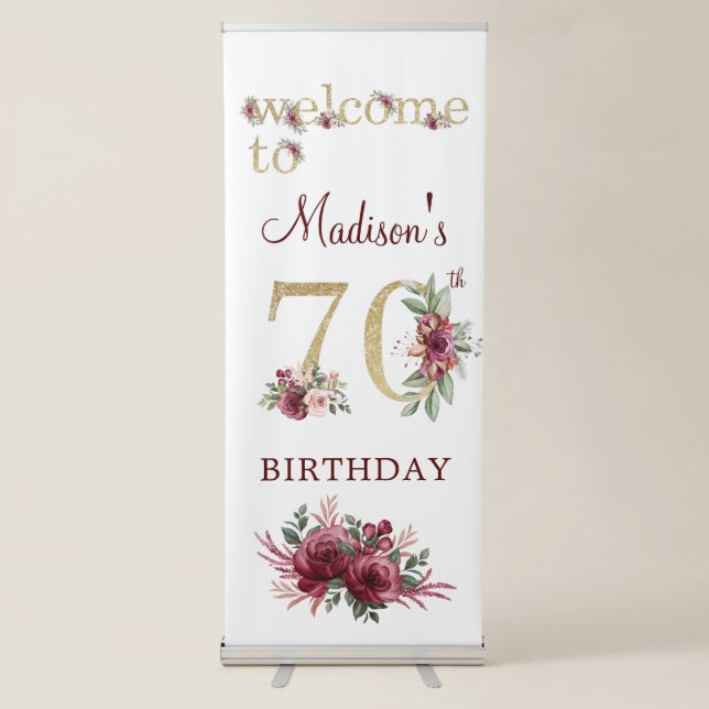 Luxury 70th Birthday Burgundy Gold Welcome Retractable Banner (Front)