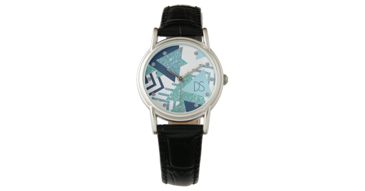Luxury 90s Abstract | Turquoise Navy Blue Monogram Watch | Zazzle