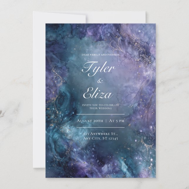 Luxury Abstract Alcohol Ink Nebula Gold Wedding Invitation (Front)