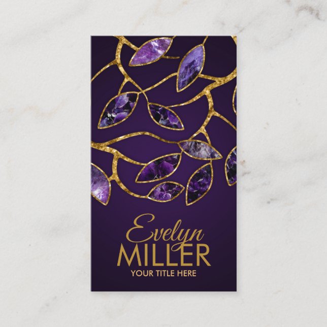 Luxury Abstract Amethyst Leaves Branch Business Card (Front)