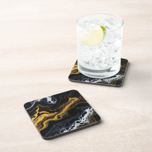 Luxury Abstract Decorative Tiles – Black, Gold & Beverage Coaster