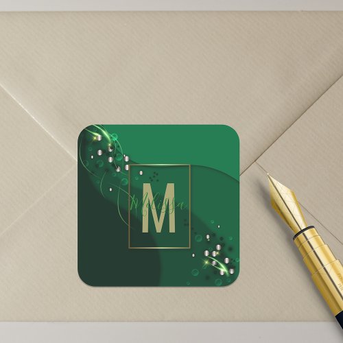 Luxury Abstract Emerald Green Gold Monogrammed Square Sticker