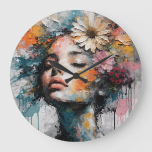 Luxury Abstract Floral Woman Portrait Wall Art Large Clock