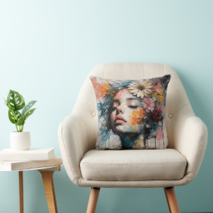 Luxury Abstract Floral Woman Portrait Wall Art Throw Pillow