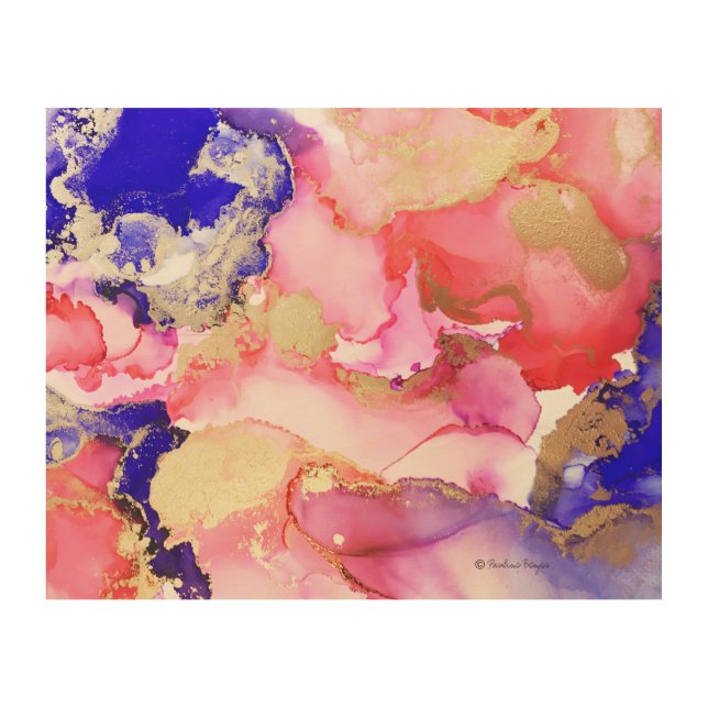 Luxury Abstract Pink and Purple Gold Metallic Wood Wall Art (Front)