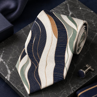 Luxury Abstract Wave Navy Blue Sage Green Beige Neck Tie