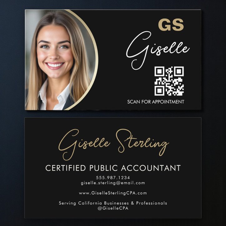 Luxury Accountant Cpa QR Code Black Gold Photo Business Card