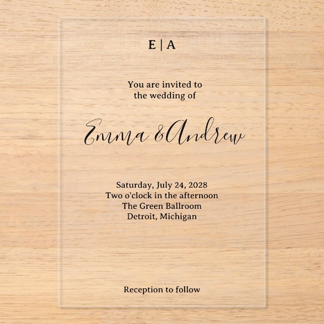 Luxury Acrylic Wedding Invitation | Clear, Custom (Front)