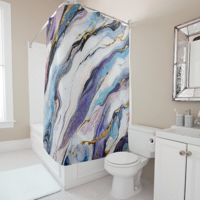 Luxury Aegean Gold Marble Waves Shower Curtain (In Situ)