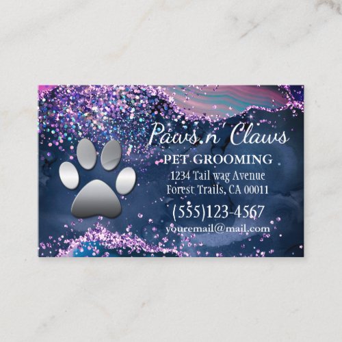 Luxury Agate Glitter Dog Paw Pet Grooming Business Card