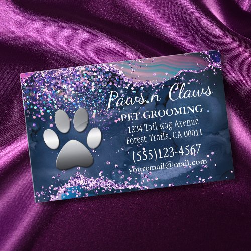 Luxury Agate Glitter Dog Paw Pet Grooming Business Card