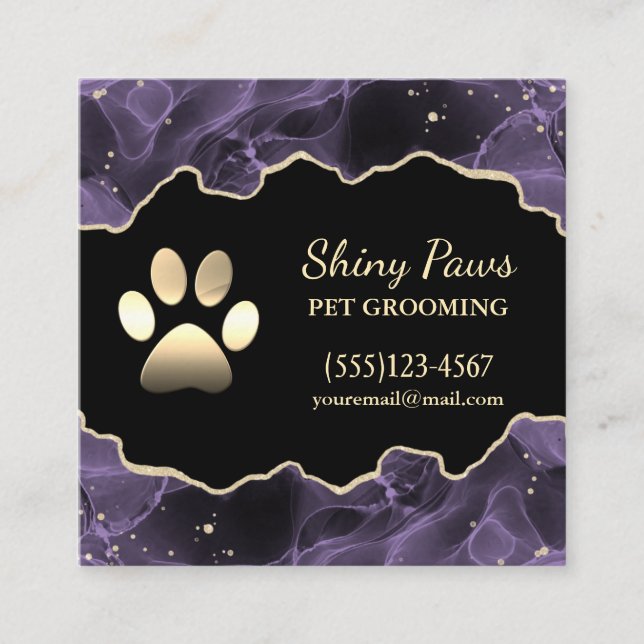 Luxury Agate Glitter Dog Paw Pet Grooming Square Business Card (Front)
