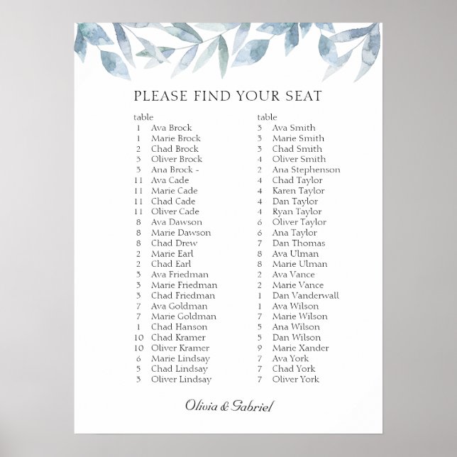 Luxury Airy Branch. Elegant Wedding Seating Chart (Front)