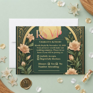 Luxury Alphonse Mucha Vintage Green Ornate Wedding RSVP Card