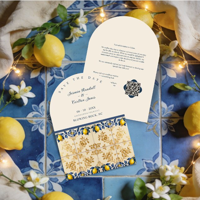 Luxury Amalfi Gold Tile Lemon Wedding TLW26 Save The Date (Elegant Mediterranean Save the Date Card with Faux Gold Tile Effect and Yellow Lemon Accents.)